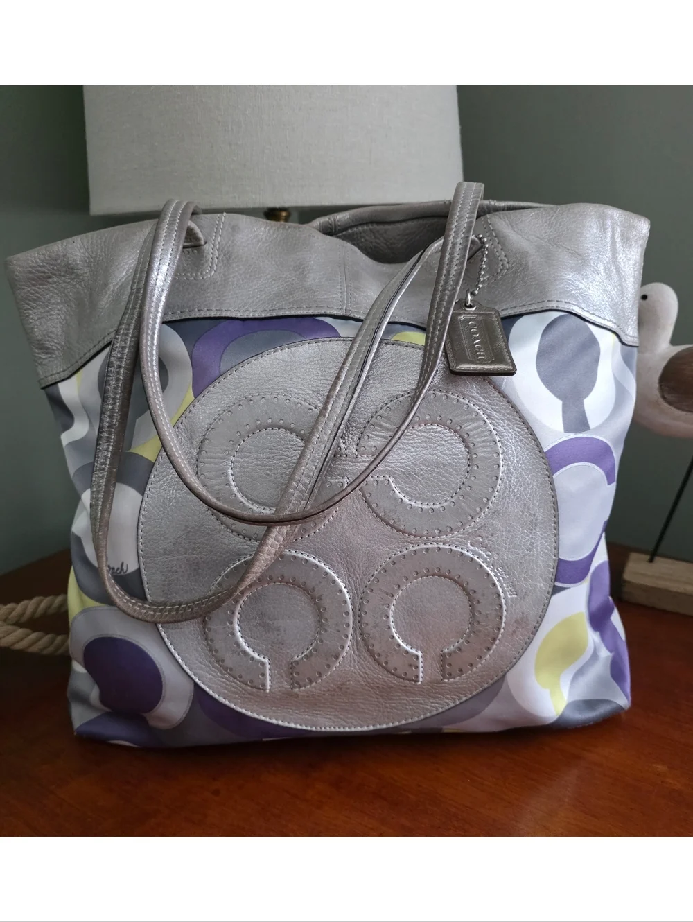 Coach 14970 Julia Op Art Silver Lavender Sateen Leather Tote Bag Y2K - Picture 16 of 16